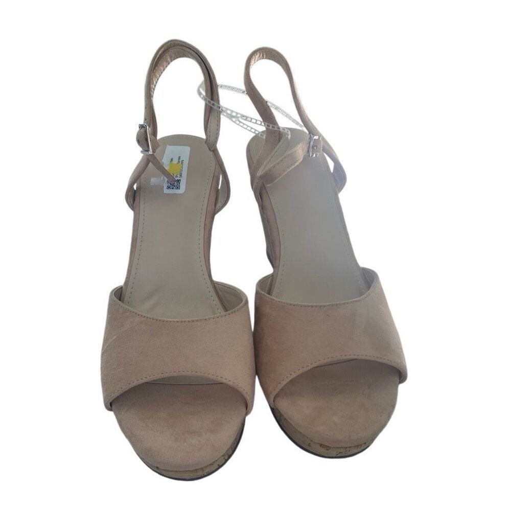 DS‎ Women’s Faux Suede Cork Wedge Sandals Charles Style Straps Round ToeTan Pink
